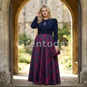 $598 Mac Duggal Size 16W 16 Dark Blue Floral Brocade Long Sleeve Maxi Dress Gown